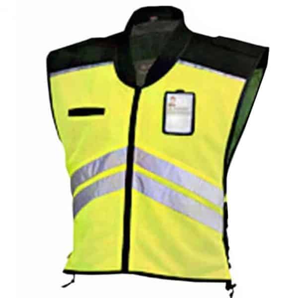 เสื้อจราจรสีเหลือง คาดแถบสะท้อนแสงสีเทา 2 แถบ แบบซิบ พร้อมที่ใส่บัตร