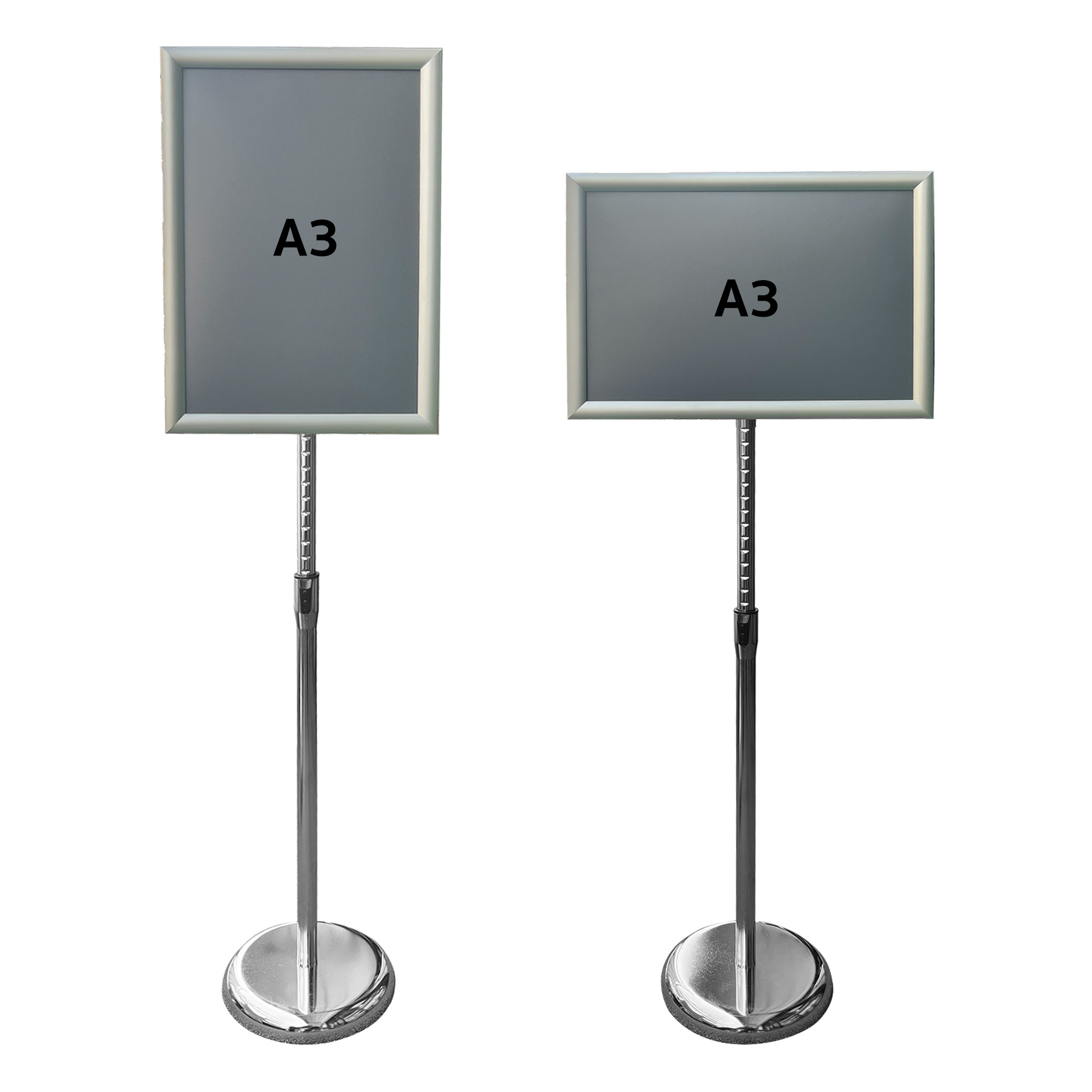 ขาตั้งโปสเตอร์ วัสดุเสาเเละฐานเป็นเหล็กชุบโครเมียม กรอบป้ายเป็นวัสดุอลูมิเนียม ชนิดปรับได้ ขนาด A3 ความสูง: 80-104 Cm. (ปรับได้) ฐาน: 25 Cm .หลังเทา