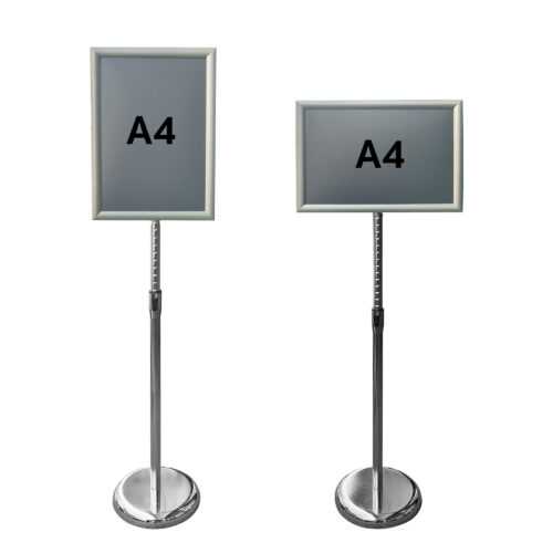 ขาตั้งโปสเตอร์ วัสดุเสาเเละฐานเป็นเหล็กชุบโครเมียม กรอบป้ายเป็นวัสดุอลูมิเนียม ชนิดปรับได้ ขนาด A4 ความสูง: 80-104 Cm. (ปรับได้) ฐาน: 25 Cm .หลังเทา