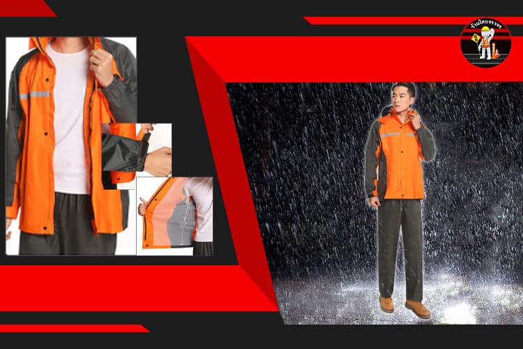 เสื้อ – กางเกง กันฝน สีส้ม-ดำ คาดแถบสะท้อนแสง 1 แถบรอบตัว มีหมวก