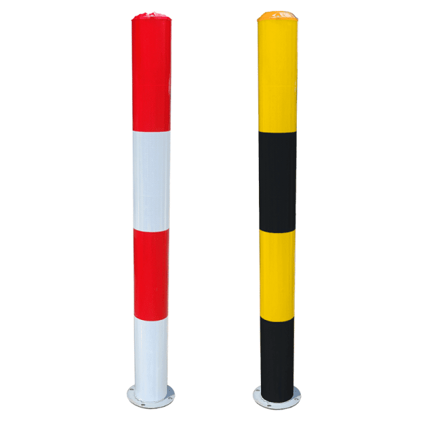 เสาเหล็กเส้นผ่านศูนย์กลาง 11.4 cm. สูง 120 cm. ติดสติ๊กเกอร์สะท้อนแสง 3M EGP Grade พร้อมไฟกระพริบพลังงานแสงอาทิตย์ที่หัวเสา