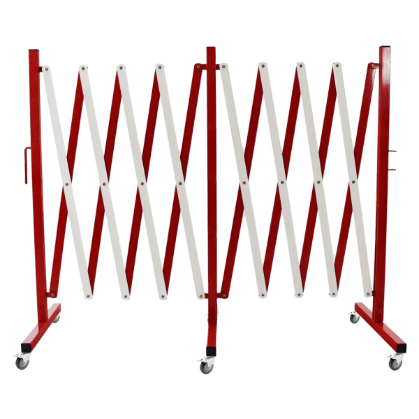 แผงกั้นเหล็กยืดหดได้ มีล้อ ยาว 500 cm. สูง 104 cm. สีขาว-แดง