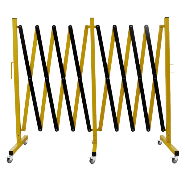 แผงกั้นเหล็กยืดหดได้ มีล้อ ยาว 500 cm. สูง 104 cm. สีเหลือง-ดำ