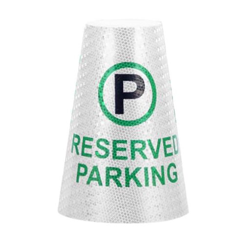 แผ่นข้อความ RESERVED PARKING สวมกรวยจราจร
