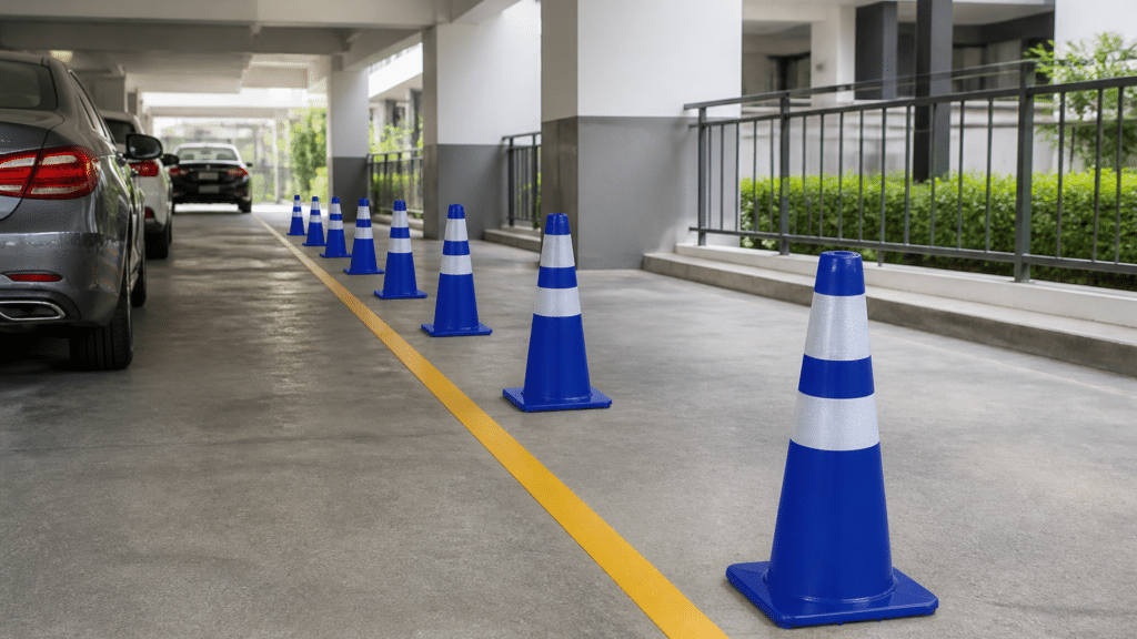 กรวยจราจรสีน้ำเงินจัดระเบียบช่องจอดรถในลานจอดคอนโด