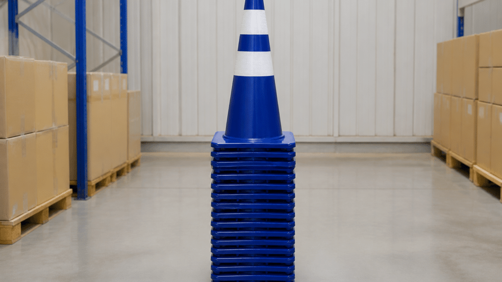 กรวยจราจร PVC ซ้อนเก็บเป็นตั้งในคลังสินค้า ประหยัดพื้นที่จัดเก็บ