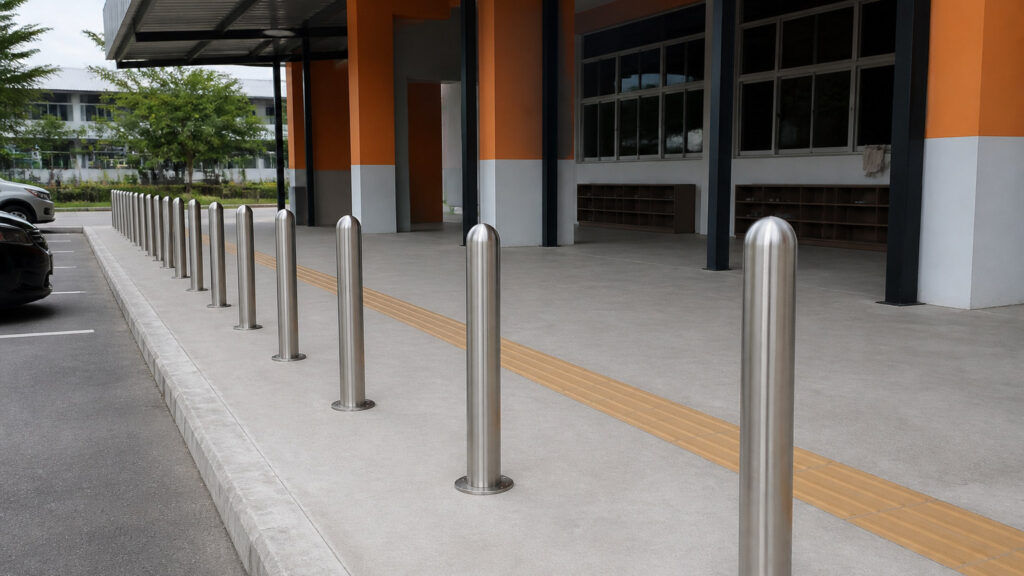 ผลงานติดตั้งเสาสแตนเลสกั้นทางเดินในโรงเรียน