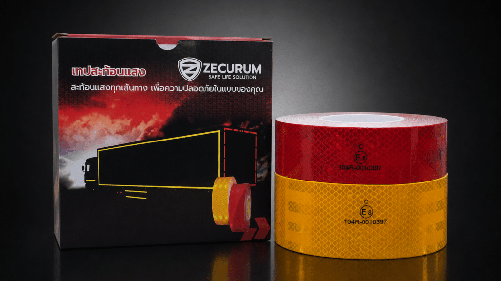 เทปสะท้อนแสงติดรถบรรทุก ZECURUM ขนาด 50.8 มม. x 45.7 ม. สีเหลืองและสีแดง พร้อมกล่องบรรจุ